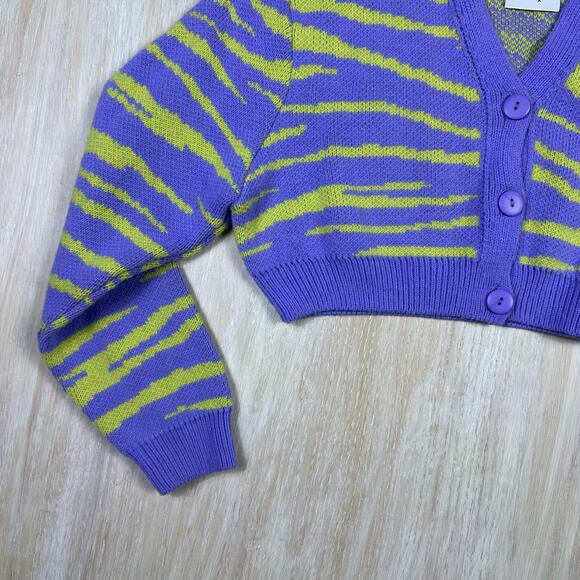 ASOS Collusion Zebra Purple Green Cropped V-Neck Boxy Button Cardigan Sweater 4 - Picture 4 of 13